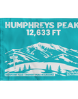 Turquoise Humphreys Peak flag featuring 12,633 ft elevation, Arizona state highpoint and Flagstaff mountain design