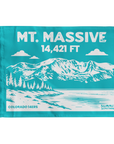 Mount Massive summit flag in turquoise featuring mountain illustration and 14,421 ft elevation, Colorado 14er hiking keepsake, perfect gift for hikers and climbers.
