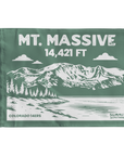 Mount Massive summit flag in green featuring mountain illustration and 14,421 ft elevation, Colorado 14er hiking keepsake, perfect gift for hikers and climbers.