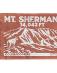 Brown Mount Sherman summit flag featuring 14,043 ft elevation and mountain a mountain goat in the foreground artwork, hiking keepsake for 14er climbers