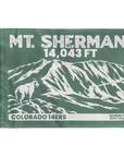 Green Mount Sherman summit flag featuring 14,043 ft elevation mountain artwork with a mountain goat in the foreground. Perfect hiking keepsake or gift for 14er climbers.