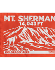 Orange Mount Sherman summit flag featuring 14,043 ft elevation mountain artwork with a mountain goat in the foreground. Perfect hiking keepsake or gift for 14er climbers.