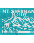 Turquoise Mount Sherman summit flag featuring 14,043 ft elevation mountain artwork with a mountain goat in the foreground. Perfect hiking keepsake or gift for 14er climbers.