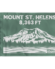 Green Mount St. Helens summit flag featuring 8,363 ft elevation and Washington Cascade volcano illustration.