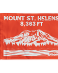 Orange Mount St. Helens summit flag featuring 8,363 ft elevation and Washington Cascade volcano illustration.