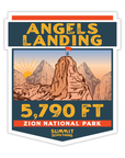 Sticker honoring one of the most famous hikes in the U.S., Angels Landing. Angels Landing is written in text on the top in bright goldenrod as is the 5,790 ft summit eleveation at the bottom. In the middle, there is an illustration of the summit landdscape and rock formation. At the bottom, Zion National Park is written in white text on a red banner at the very bottom.