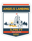 Navy and gold sticker honoring one of the most famous hikes in the U.S., Angels Landing. Angels Landing is written in text on the top in bright goldenrod as is the 5,790 ft summit eleveation at the bottom. In the middle, there is an illustration of the summit landdscape and rock formation. At the bottom, Zion National Park is written in white text on a red banner at the very bottom.