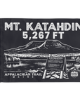 Mt. Katahdin summit flag in black with white text and Appalachian Trail graphic in Maine