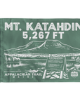 Mt. Katahdin summit flag in green with white text and Appalachian Trail northern terminus illustration