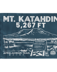Mt. Katahdin summit flag in navy blue with white text and Appalachian Trail graphic in Maine