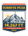 Sticker of Torreys Peak, a popular Colorado 14er, with mountain illustration and summit height information.