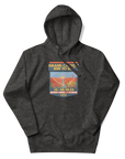 Grand Canyon Rim to Rim Hoodie featuring a colorful design that includes an image of the Grand Canyon, the setting sun and a hikder reaching the North Rim.