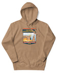 Latte color Colorado National Monument hoodie featuring Colorado hiking and red rock landscape artwork, outdoor apparel and gift for hikers and national park adventurers.