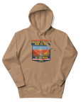 Grand Canyon Rim to Rim Hoodie featuring a colorful design that includes an image of the Grand Canyon, the setting sun and a hikder reaching the North Rim.