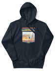 Navy Colorado National Monument hoodie featuring Colorado hiking and red rock landscape artwork, outdoor apparel and gift for hikers and national park adventurers.