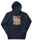 Grand Canyon Rim to Rim Hoodie featuring a colorful design that includes an image of the Grand Canyon, the setting sun and a hikder reaching the North Rim.