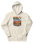 Grand Canyon Rim to Rim Hoodie featuring a colorful design that includes an image of the Grand Canyon, the setting sun and a hikder reaching the North Rim.