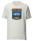 Ash Mount Adams T-shirt featuring Washington's 12,281 ft Cascade volcano mountain artwork, graphic hiking shirt for climbers and outdoor adventurers.