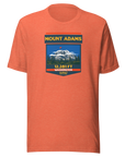 Heather orange Mount Adams T-shirt featuring Washington's 12,281 ft Cascade volcano mountain artwork, graphic hiking shirt for climbers and outdoor adventurers