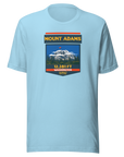 Ocean blue Mount Adams T-shirt featuring Washington's 12,281 ft Cascade volcano mountain artwork, graphic hiking shirt for climbers and outdoor adventurers.