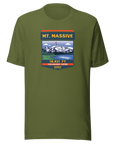 Mt. Massive t-shirt with image showing the icnonic image of the mountain and the elevation.