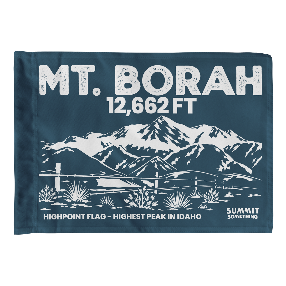 Navy Mount Borah summit flag featuring Borah Peak mountain artwork and Idaho state highpoint elevation.