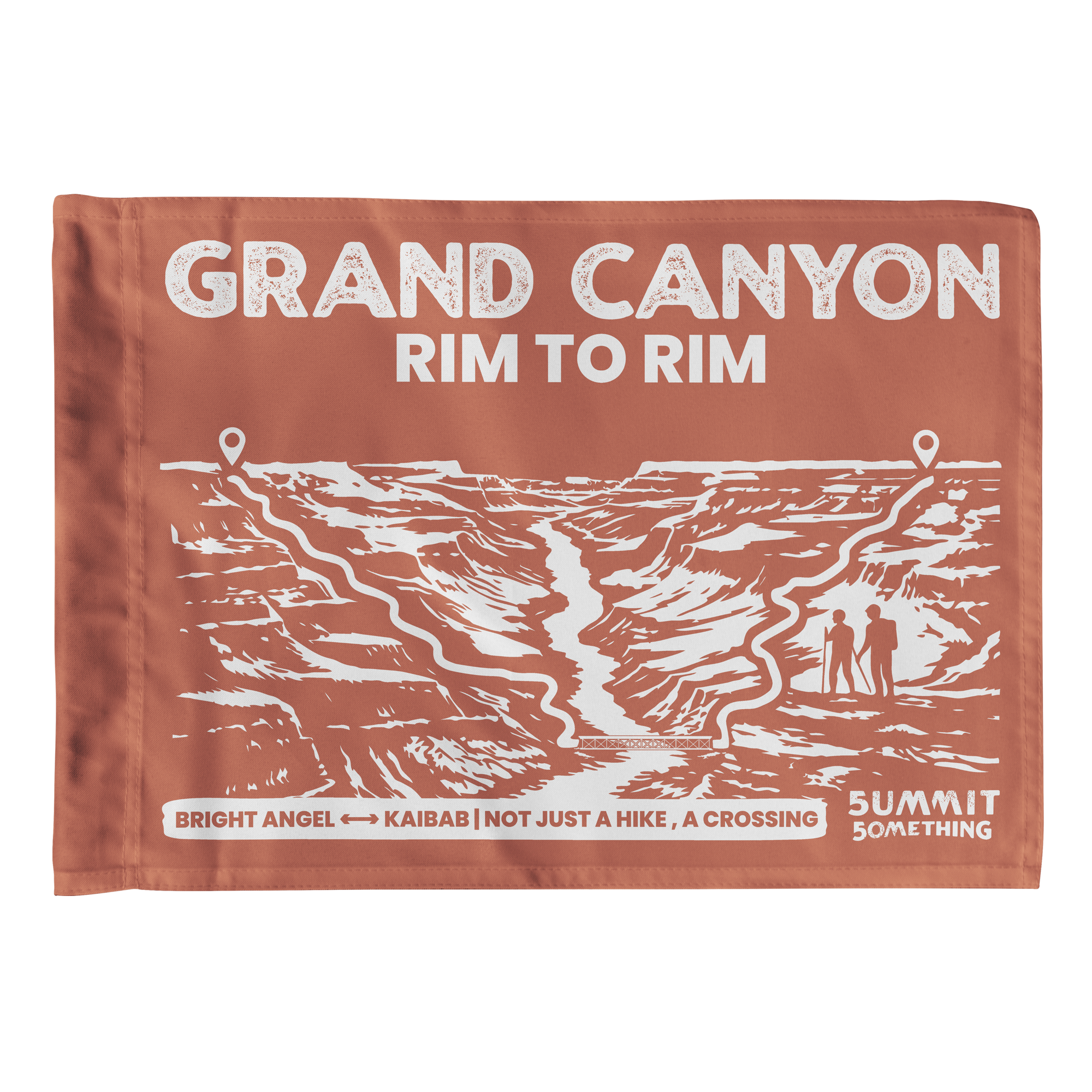 Navy blue summit flag with Grand Canyon Rim to Rim trail illustration and white text on a brown background.