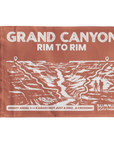 Navy blue summit flag with Grand Canyon Rim to Rim trail illustration and white text on a brown background.