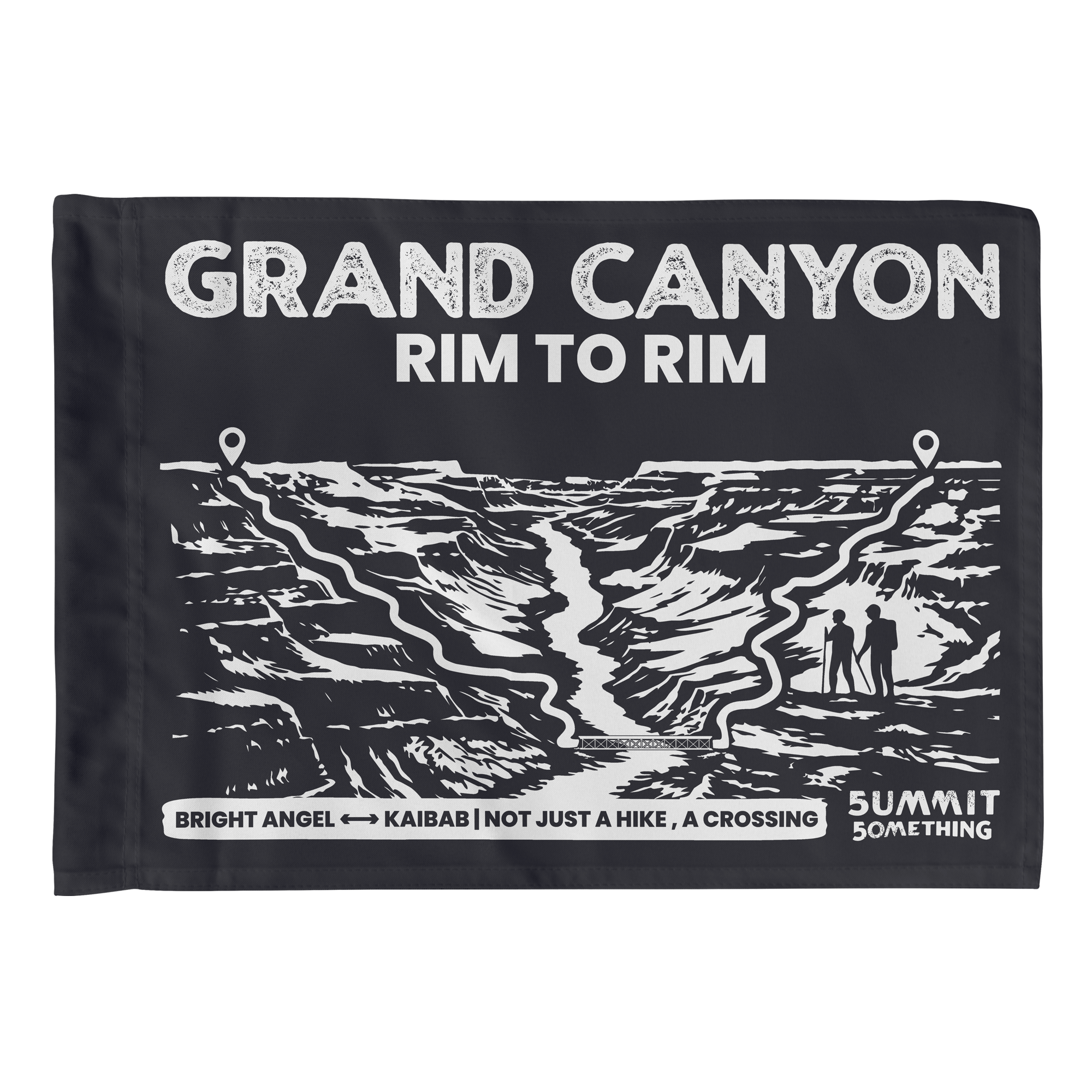 Navy blue summit flag with Grand Canyon Rim to Rim trail illustration and white text on a charcoal background.