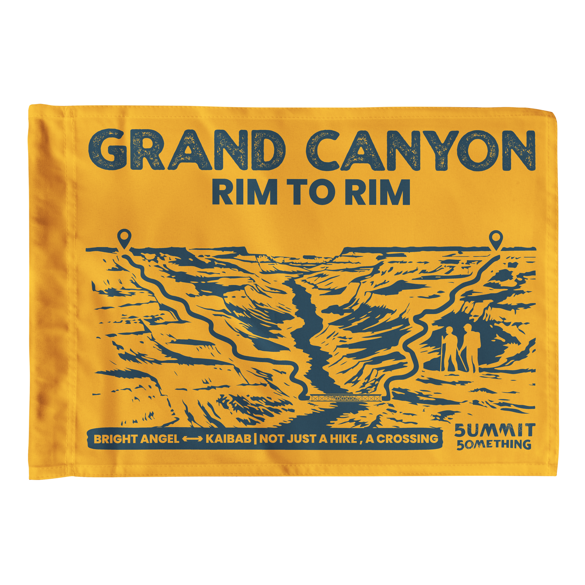 Navy blue summit flag with Grand Canyon Rim to Rim trail illustration and white text on a yellow background.