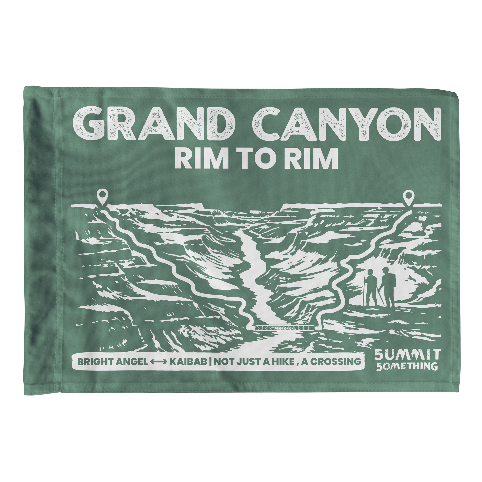 Navy blue summit flag with Grand Canyon Rim to Rim trail illustration and white text on a Green background.