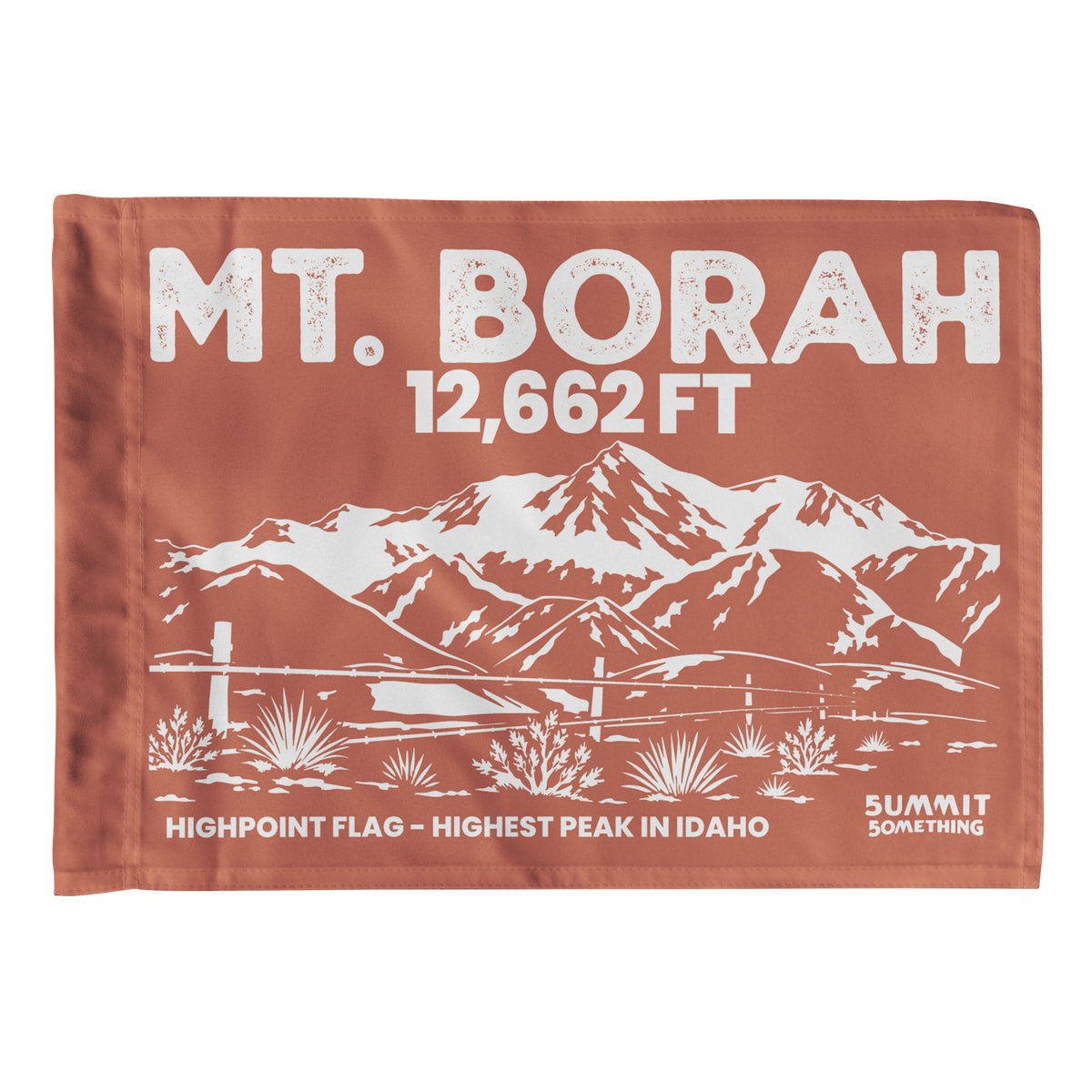 Brown Mount Borah summit flag featuring Borah Peak mountain artwork and Idaho state highpoint elevation.