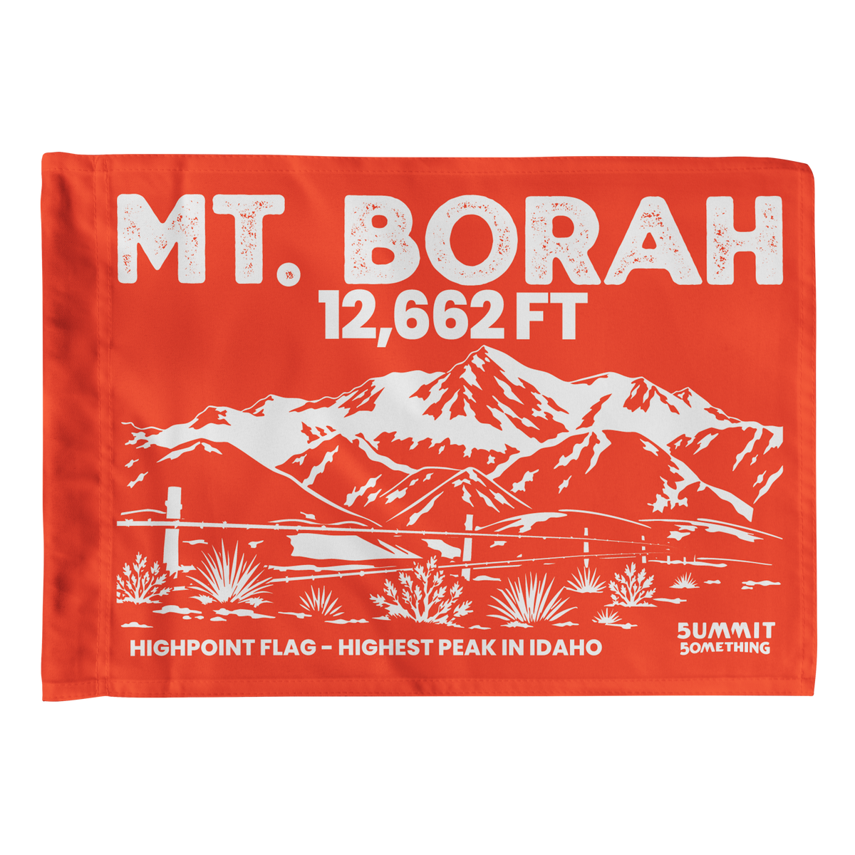 Orange Mount Borah summit flag featuring Borah Peak mountain artwork and Idaho state highpoint elevation.