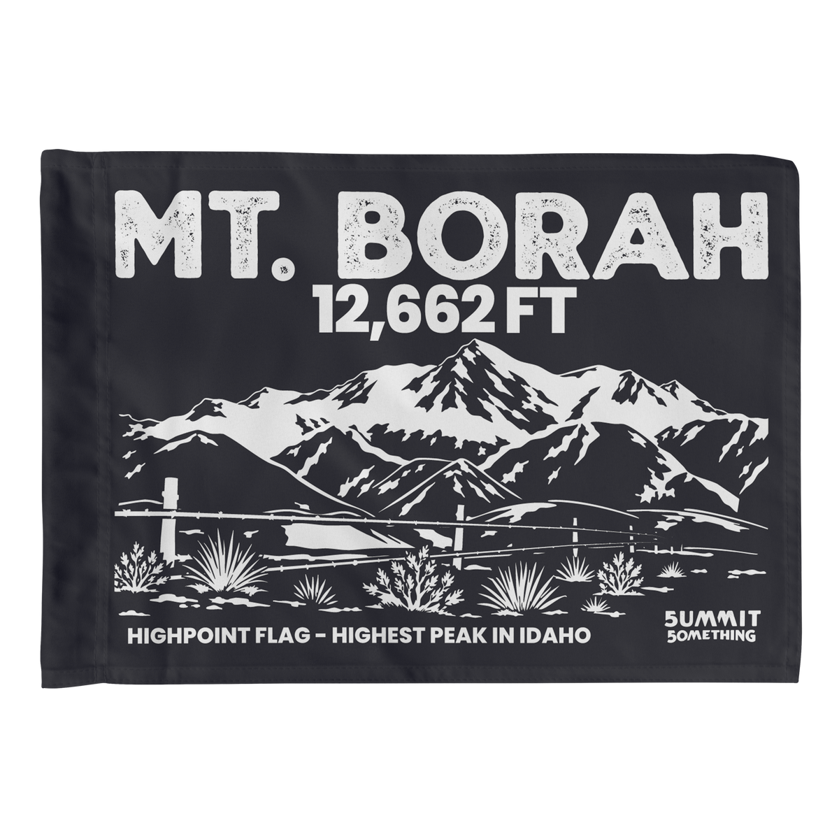 Charcoal Mount Borah summit flag featuring Borah Peak mountain artwork and Idaho state highpoint elevation.