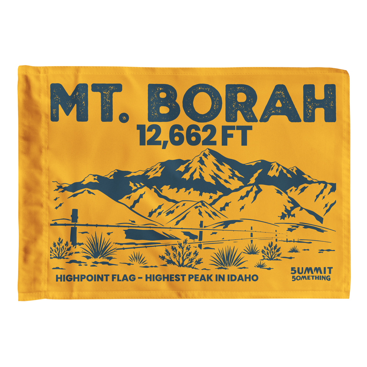 Goldenrod Mount Borah summit flag featuring Borah Peak mountain artwork and Idaho state highpoint elevation.