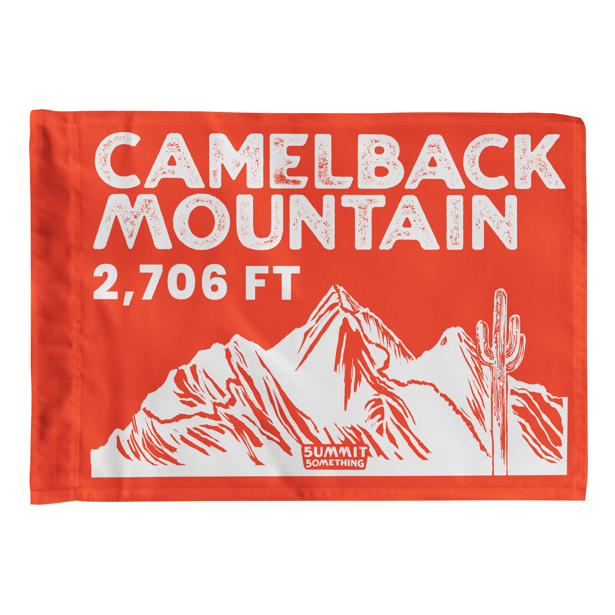 Camelback Mountain Summit Flag.  Orange summit flag depicting Camelback Mountain in Paradise Valley near Phoenix, Arizona.  A souvenir to take with you on the hike and enhance your summit photos.  The flag shows the location being Phoenix, Arizona and the elevation of the summit of 2,706 ft.  Made by Summit Something.