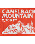 Camelback Mountain Summit Flag.  Orange summit flag depicting Camelback Mountain in Paradise Valley near Phoenix, Arizona.  A souvenir to take with you on the hike and enhance your summit photos.  The flag shows the location being Phoenix, Arizona and the elevation of the summit of 2,706 ft.  Made by Summit Something.