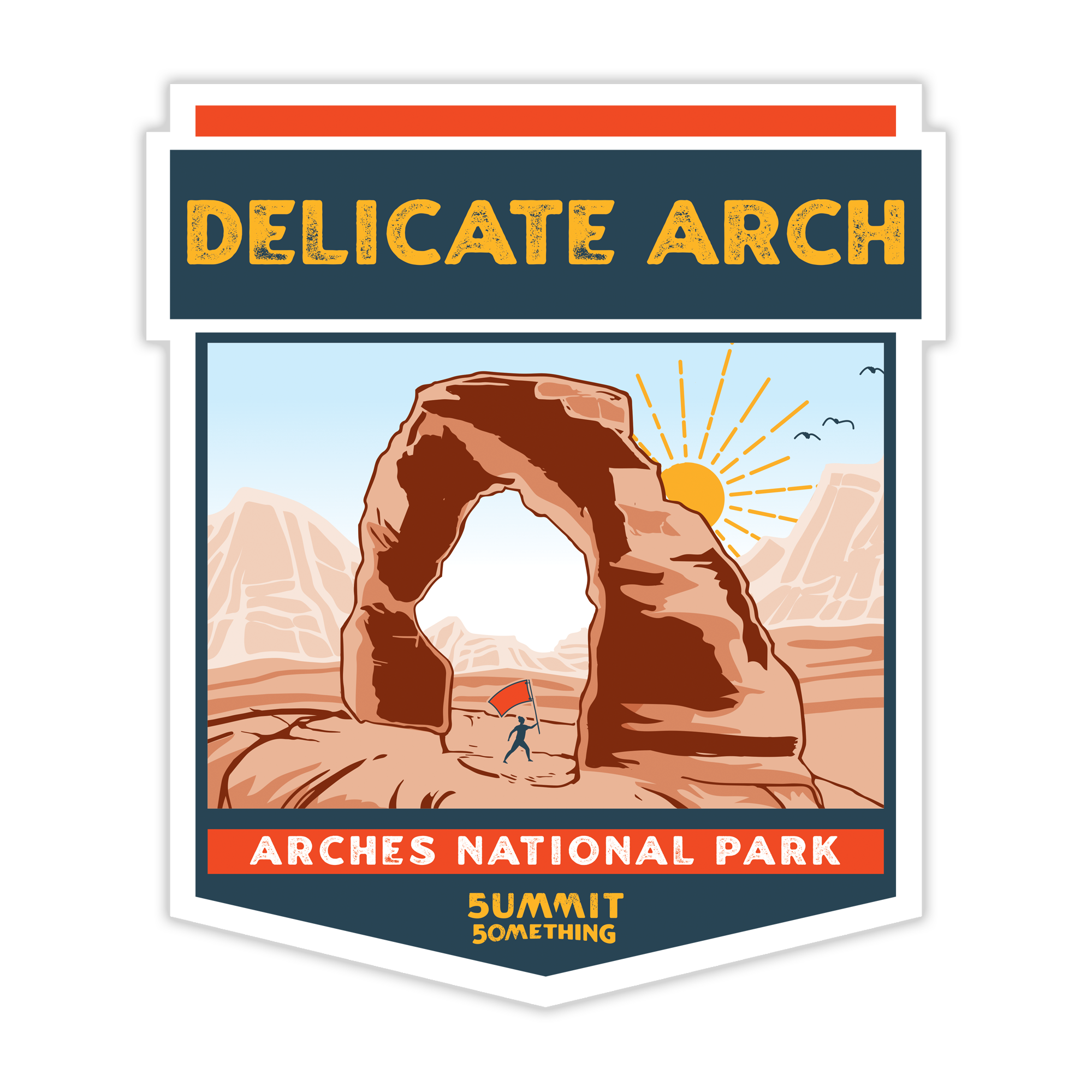 Sticker depicting the majestic Delicate Arch in Arches National Park.  Artwork on the sticker reads Delicate Arch at the top and Arches National Park at the bottom.  Scenery is beautiful capturing the reddish brown colors of the lanscape with mountains and setting sun in the background.