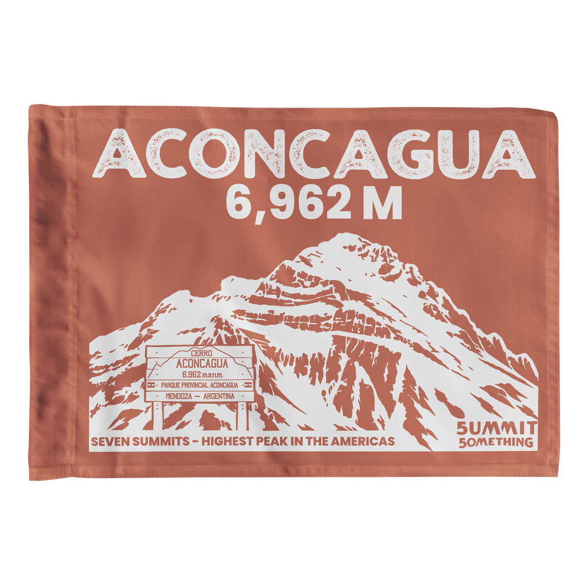 A rectangular brown summit flag featuring a white illustrated mountain and large text reading 'ACONCAGUA 6,962 M' with additional text 'SEVEN SUMMITS - HIGHEST PEAK IN THE AMERICAS' and 'SUMMIT SOMETHING'.