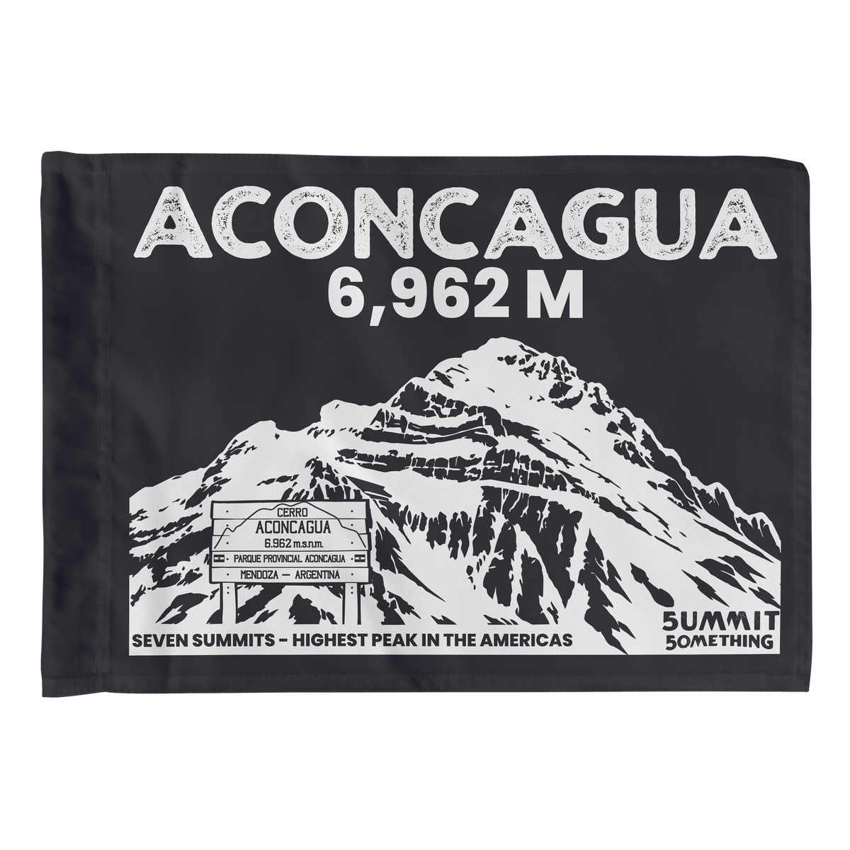 A rectangular black summit flag featuring a white illustrated mountain scene with the text 'ACONCAGUA 6,962 M' and smaller text reading 'SEVEN SUMMITS - HIGHEST PEAK IN THE AMERICAS' and 'SUMMIT SOMETHING'.