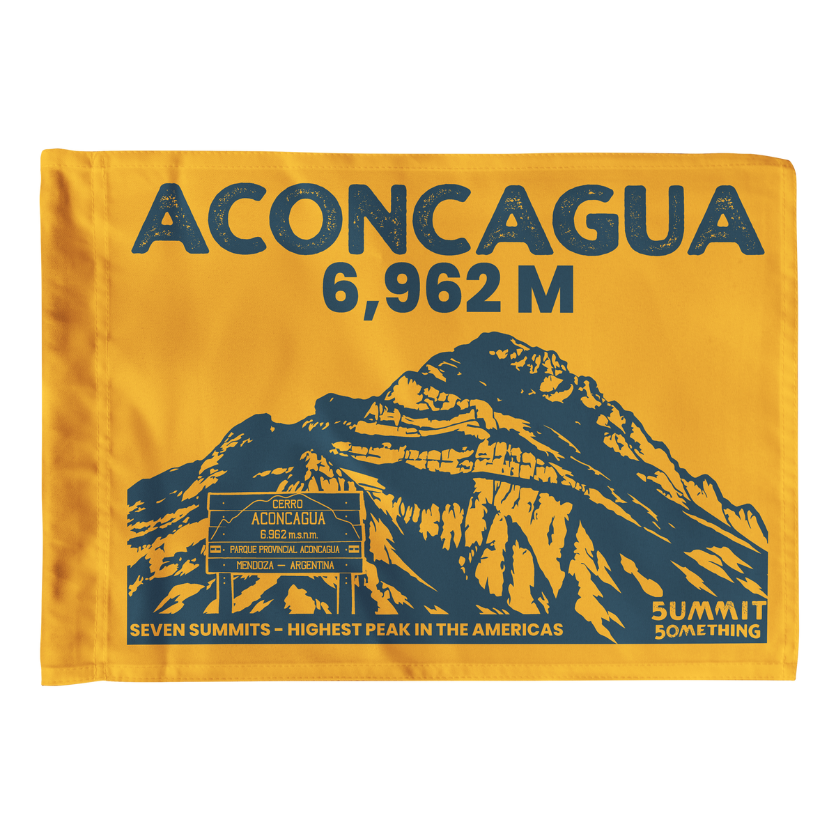 A yellow summit flag featuring a dark blue graphic of the Aconcagua mountain peak, with the text 'ACONCAGUA 6,962 M' at the top and 'SUMMIT SOMETHING' at the bottom right.