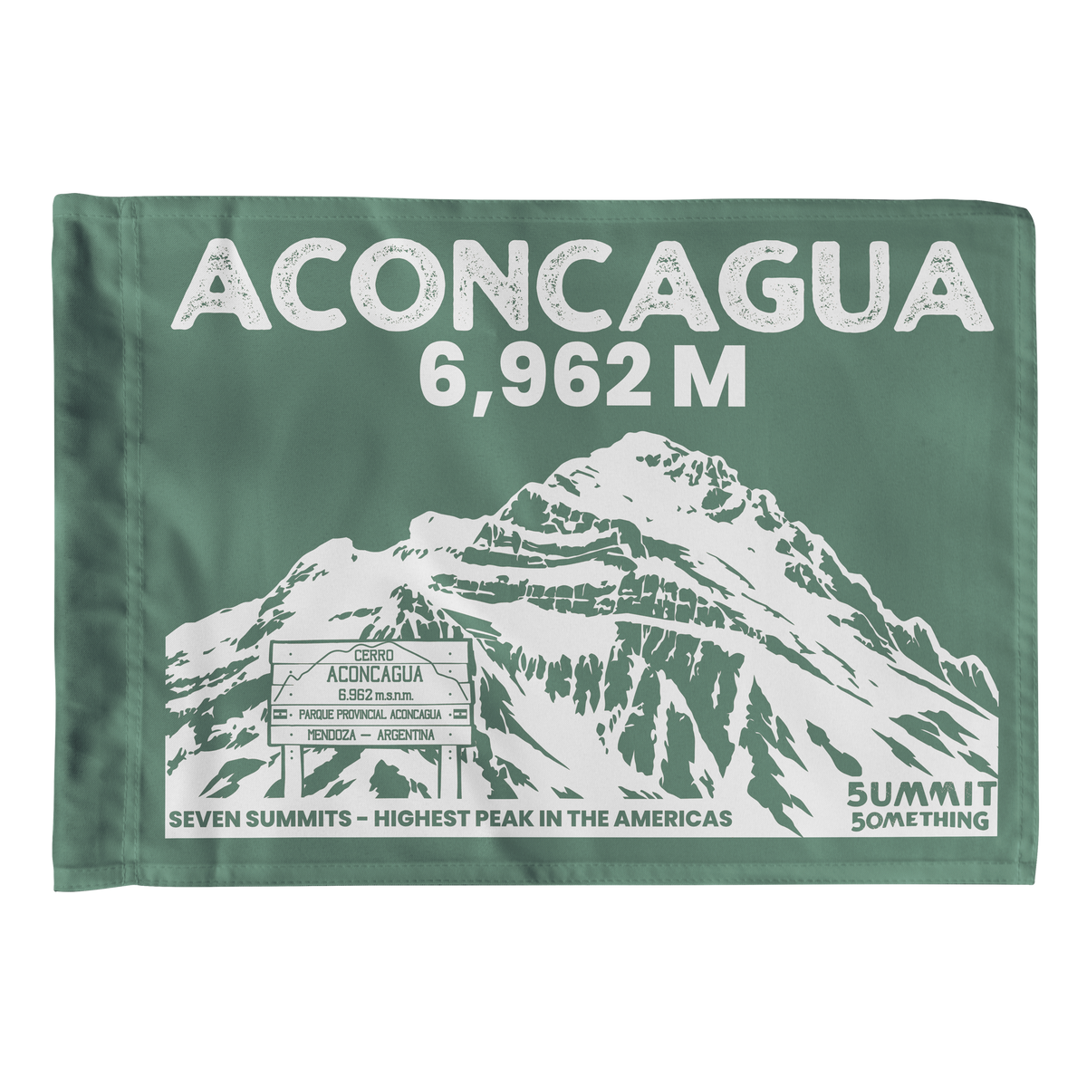 A rectangular green summit flag featuring a white illustrated mountain and large text reading 'ACONCAGUA 6,962 M' with additional summit text along the bottom.