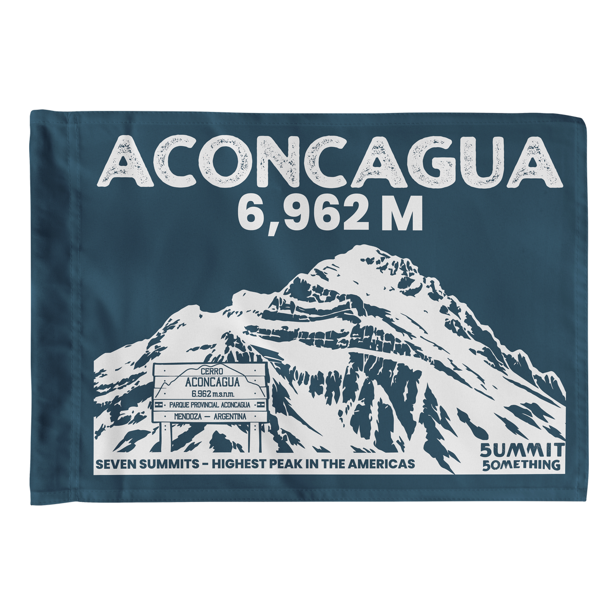 A rectangular navy blue flag featuring a white line-art illustration of a mountain and large text reading 'ACONCAGUA 6,962 M' with additional summit text at the bottom.