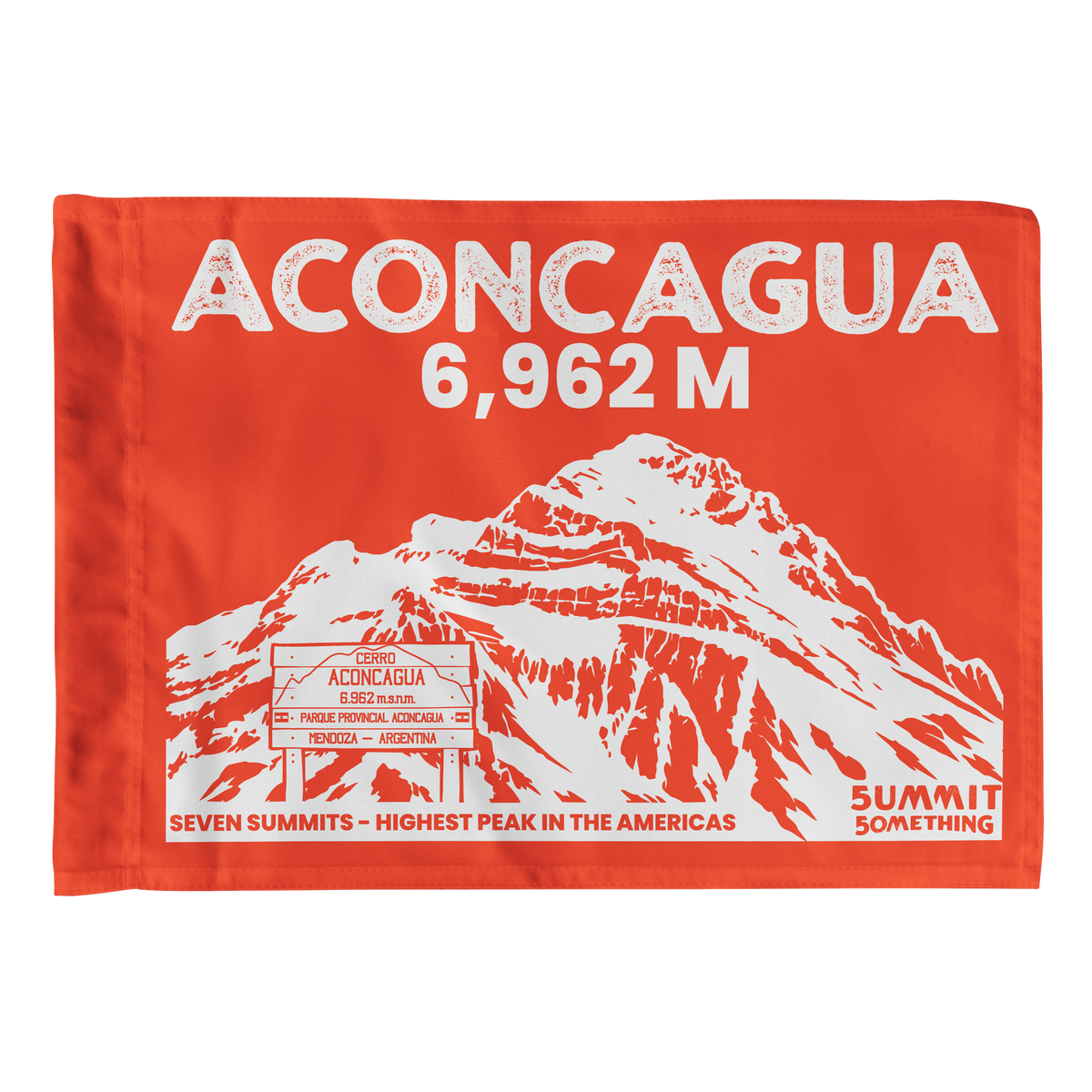 A rectangular orange summit flag featuring a white illustrated mountain and large text reading 'ACONCAGUA 6,962 M' with additional text 'SUMMIT SOMETHING' and 'SEVEN SUMMITS - HIGHEST PEAK IN THE AMERICAS'.
