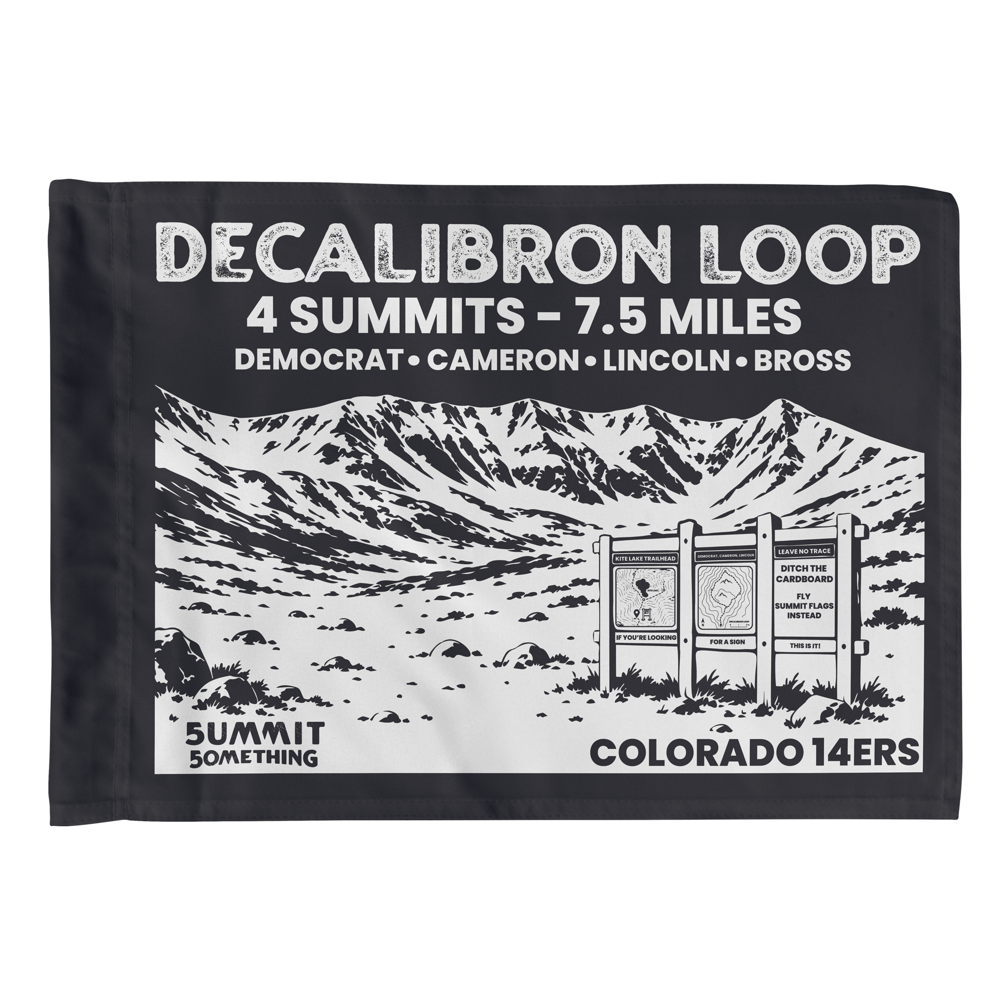 Charcoal Decalibron Loop summit flag featuring Mount Democrat, Mount Cameron, Mount Lincoln, and Mount Bross, Colorado 14er completion keepsake, perfect gift for hikers and climbers