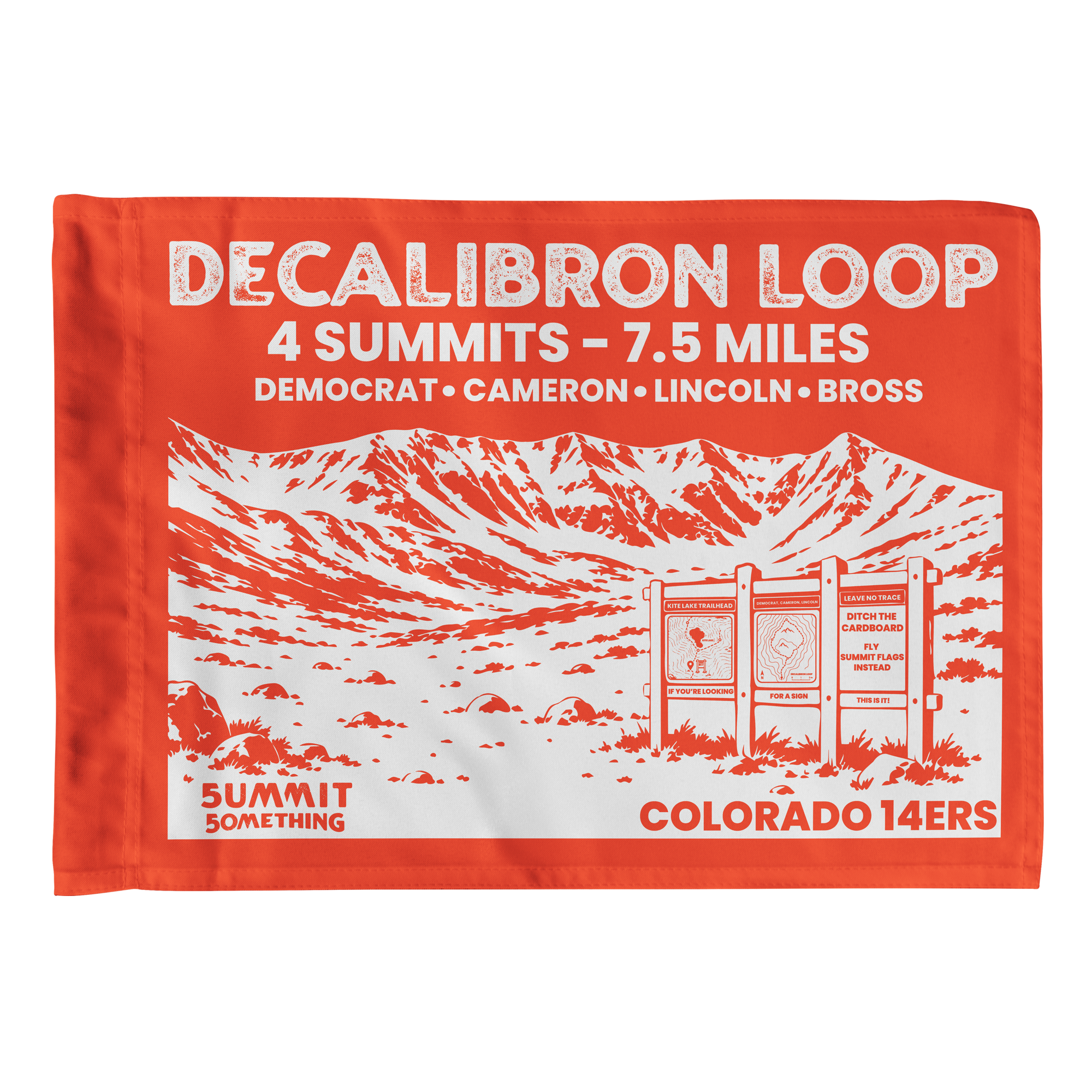 Orange Decalibron Loop summit flag featuring Mount Democrat, Mount Cameron, Mount Lincoln, and Mount Bross, Colorado 14er completion keepsake, perfect gift for hikers and climbers