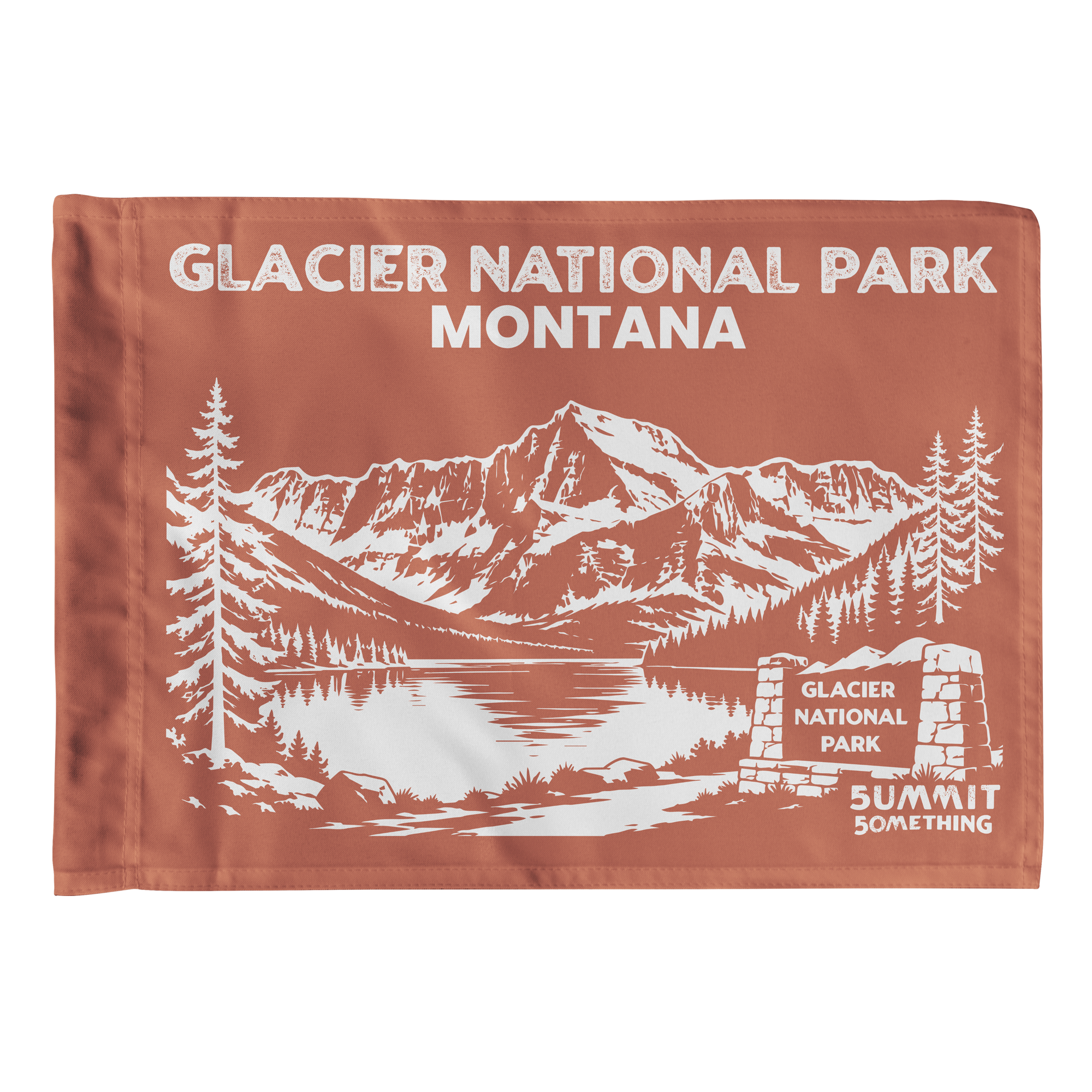 Brown Glacier National Park flag featuring Montana mountain artwork, national park adventure keepsake and gift for hikers.