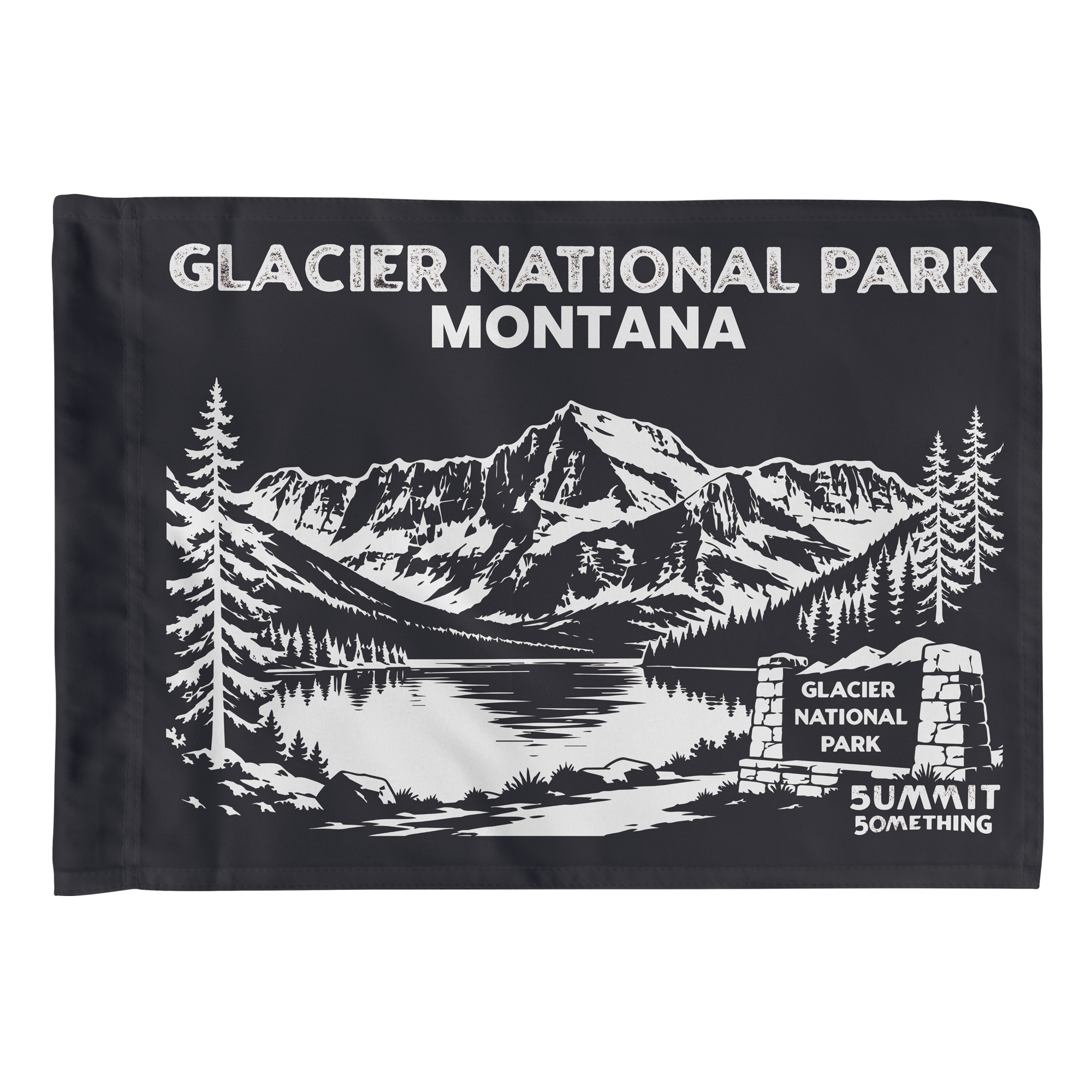 Charcoal Glacier National Park flag featuring Montana mountain artwork, national park adventure keepsake and gift for hikers.