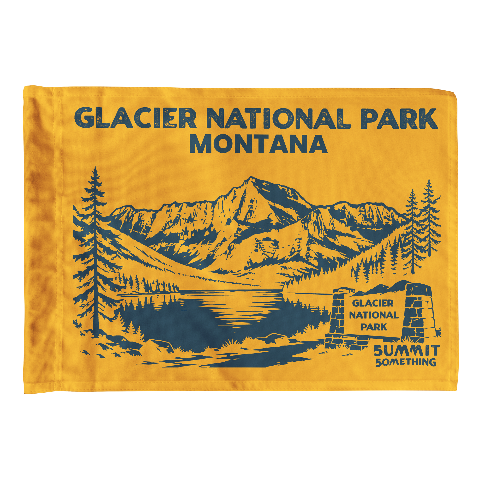 Goldenrod Glacier National Park flag featuring Montana mountain artwork, national park adventure keepsake and gift for hikers.