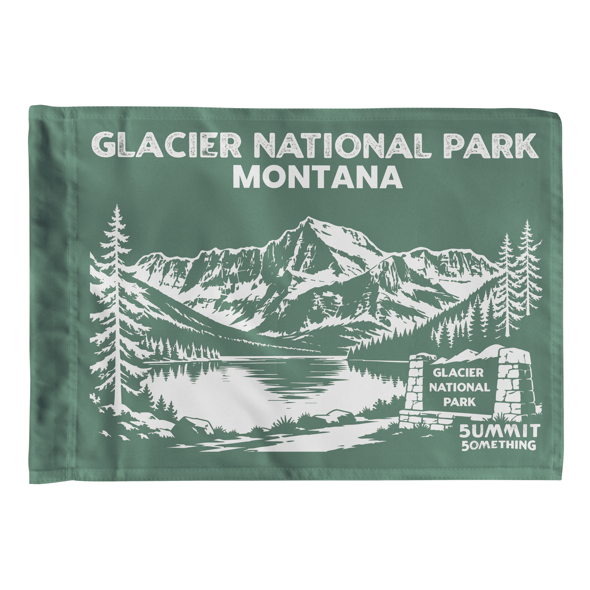 Green Glacier National Park flag featuring Montana mountain artwork, national park adventure keepsake and gift for hikers.